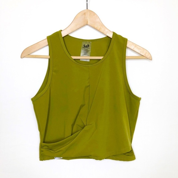 T L F Olive green, cinched, cropped work out athletic top - Picture 1 of 7